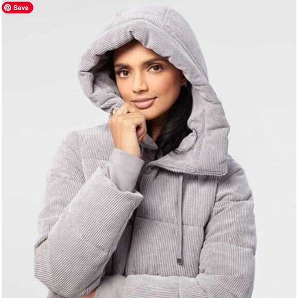 Sam Edelman Gray Quilted Corduroy Puffer Jacket Coat Hood Women's M Medium - Picture 3 of 15